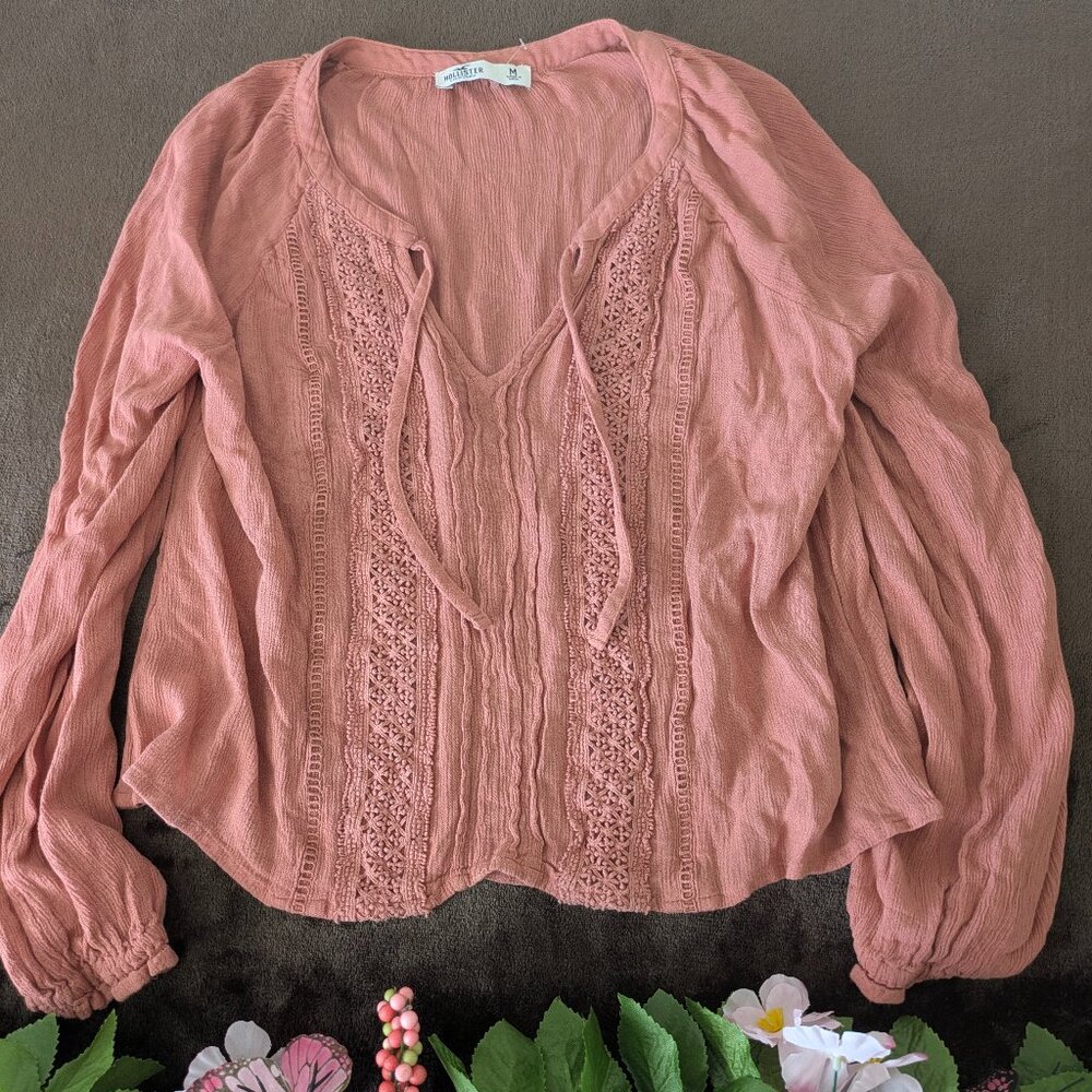 Hollister Coral Long Sleeve Lace  Top